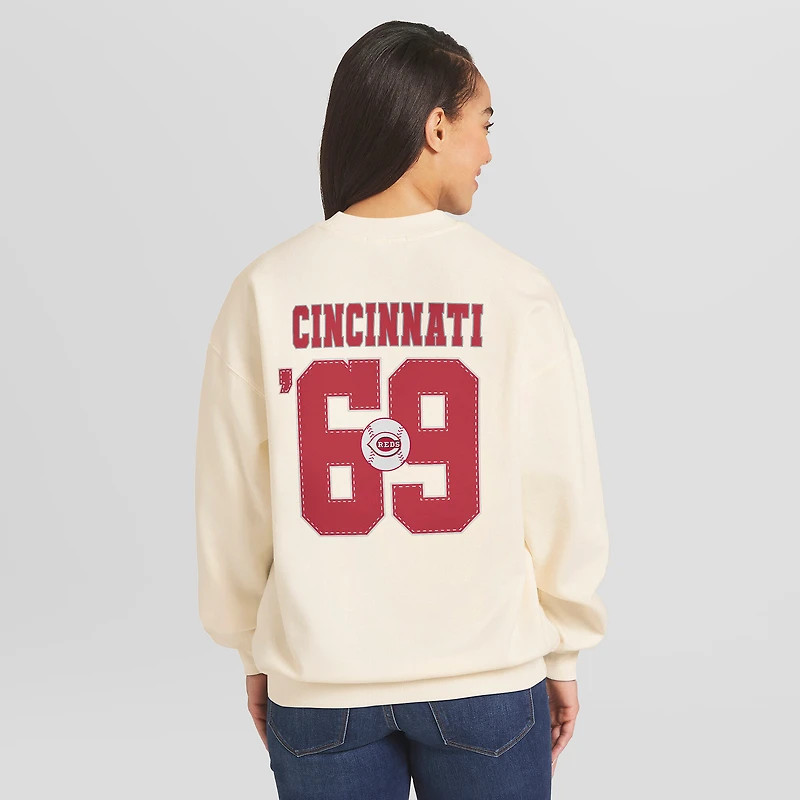 Women's WEAR by Erin Andrews Cream Cincinnati Reds Heavyweight Crew Neck Sweatshirt