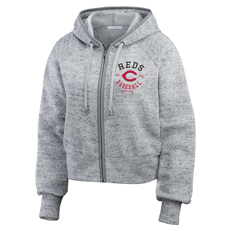 Sweat à capuche court entièrement zippé en polaire mouchetée WEAR by Erin Andrews Heather Gray des Cincinnati Reds pour femme