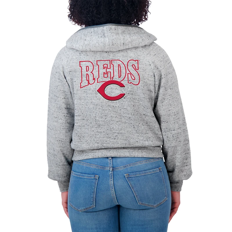 Sweat à capuche court entièrement zippé en polaire mouchetée WEAR by Erin Andrews Heather Gray des Cincinnati Reds pour femme