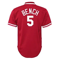 Maillot d'entraînement au bâton en maille pour jeunes Mitchell & Ness Johnny Bench, rouge, Cincinnati Reds, collection Cooperstown