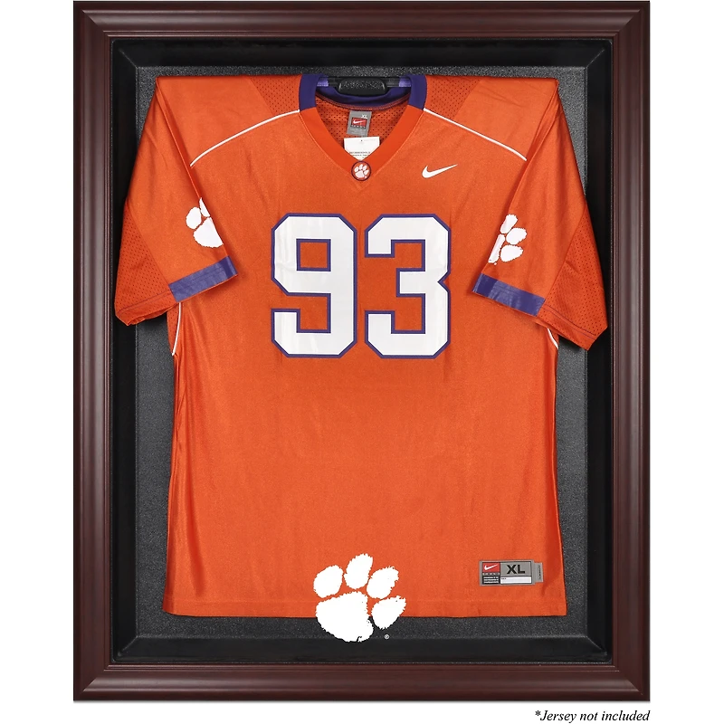 Vitrine de présentation du maillot avec logo encadré en acajou des Clemson Tigers