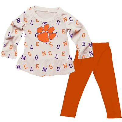 Girls Infant Wes & Willy Oatmeal Clemson Tigers Ruffle Raglan Long Sleeve T-Shirt Leggings Set