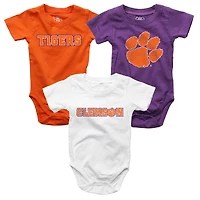 Ensemble de trois bodies pour bébé Wes et Willy violet/blanc/orange des Clemson Tigers