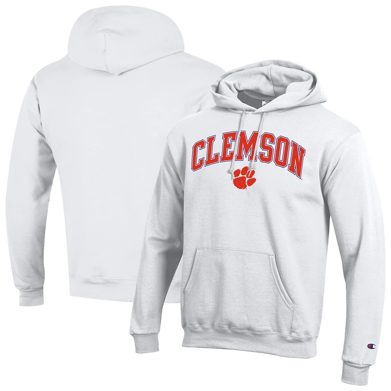 Men's Champion  White Clemson Tigers Arched Logo Fleece Pullover Hoodie