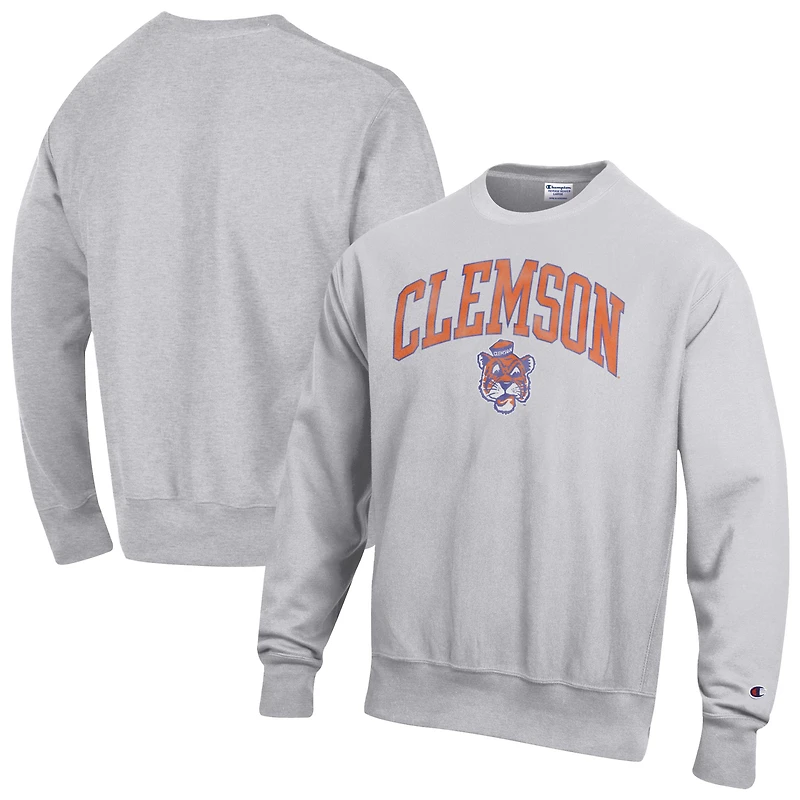 Men's Champion Gray Clemson Tigers Distressed Arch Over Logo Reverse Weave Crew Neck Sweatshirt
