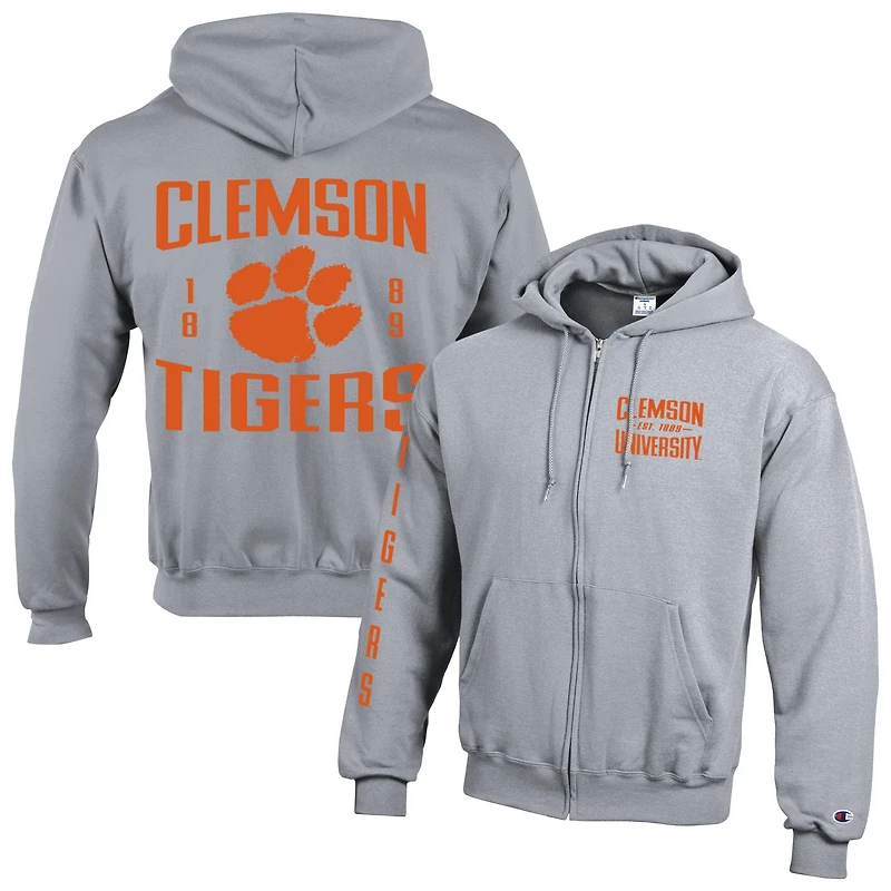 Sweat à capuche zippé en polaire Powerblend gris Champion Clemson Tigers Varsity pour homme
