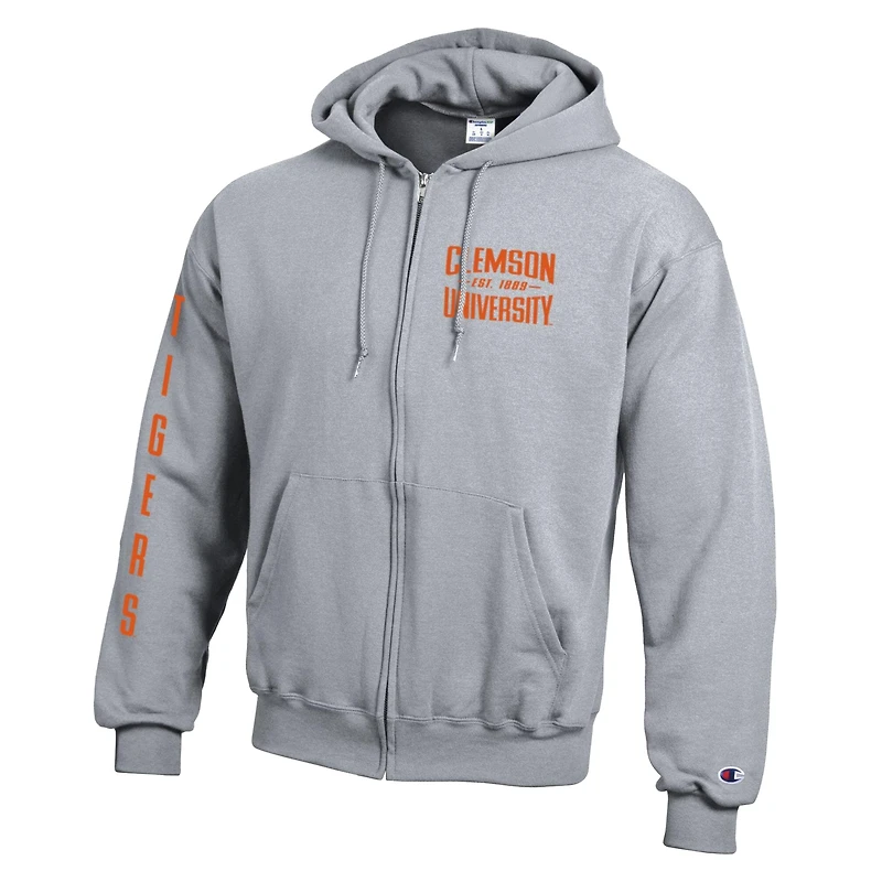 Sweat à capuche zippé en polaire Powerblend gris Champion Clemson Tigers Varsity pour homme