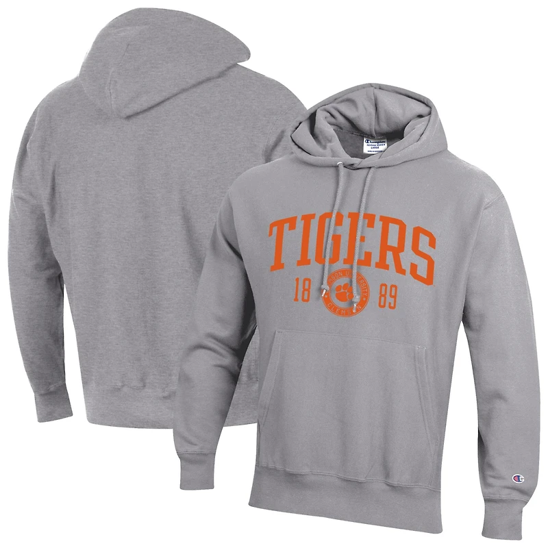 Sweat à capuche Champion pour homme, gris chiné, Clemson Tigers, modèle Established Reverse Weave.