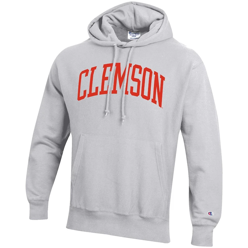 Sweat à capuche coupe décontractée Champion Heather Gray Team Arch Reverse Weave pour homme des Clemson Tigers