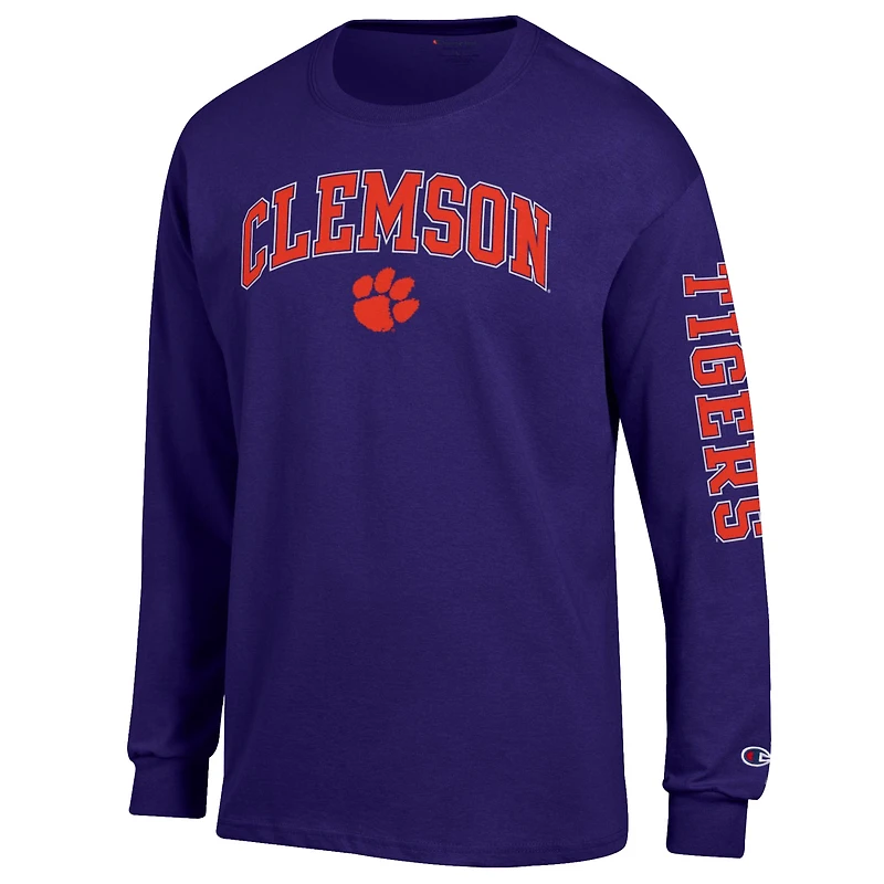 T-shirt à manches longues violet Champion Clemson Tigers pour homme avec logo Arch Over 2-Hit