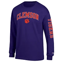 T-shirt à manches longues violet Champion Clemson Tigers pour homme avec logo Arch Over 2-Hit