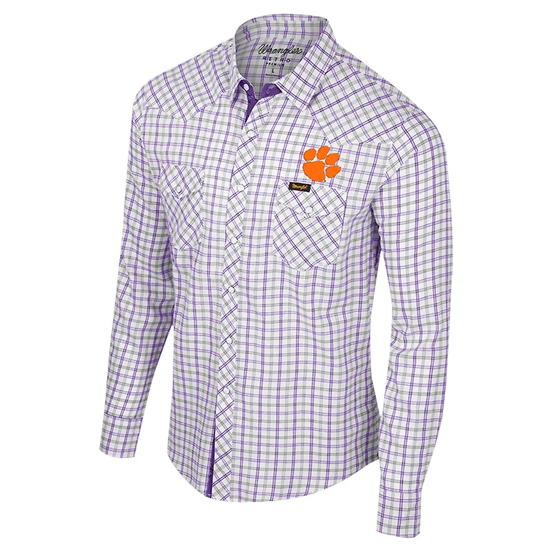 Men's Colosseum x Wrangler White Clemson Tigers Plaid Window Pane Long Sleeve Full-Snap Shirt