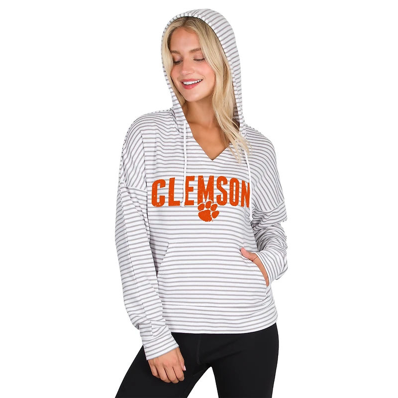 Men's Concepts Sport White/Gray Clemson Tigers French Terry Striped V-Neck Pullover Hoodie