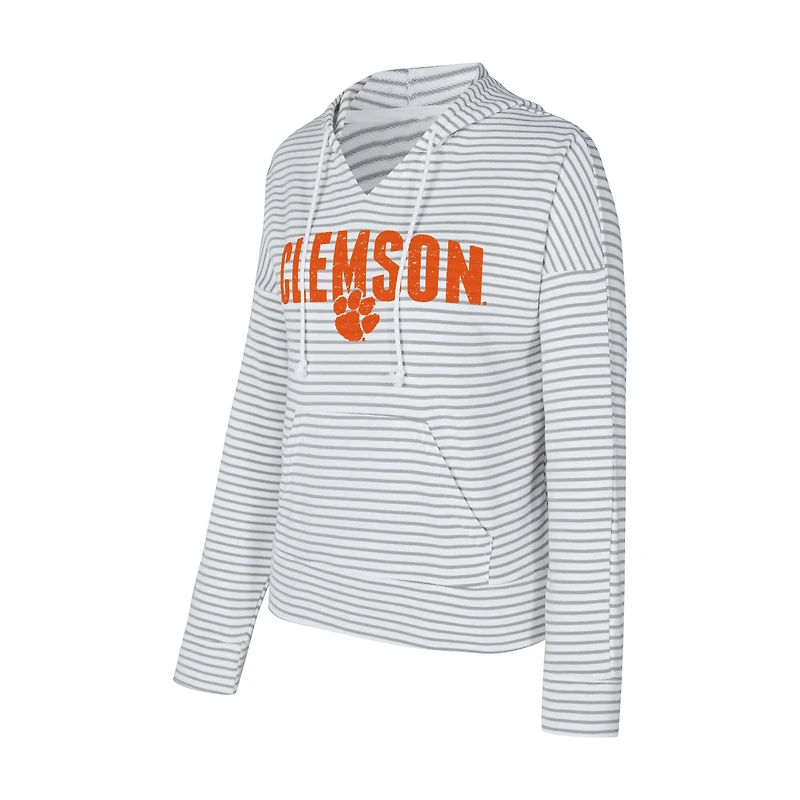 Men's Concepts Sport  White/Gray Clemson Tigers French Terry Striped V-Neck Pullover Hoodie