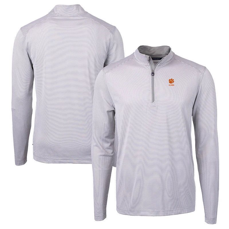 Men's Cutter & Buck Gray Clemson Tigers Alumni Logo DryTec Virtue Eco Pique Micro Stripe Recycled Quarter-Zip Pullover Top