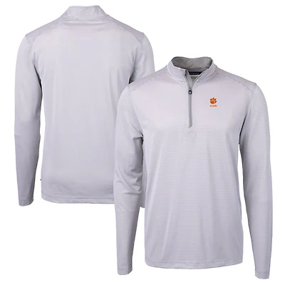 Men's Cutter & Buck Gray Clemson Tigers Alumni Logo DryTec Virtue Eco Pique Micro Stripe Recycled Quarter-Zip Pullover Top