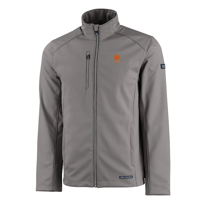 Veste zippée intégrale recyclée en softshell Evoke Eco pour homme, grise, avec logo des anciens joueurs Clemson Tigers.