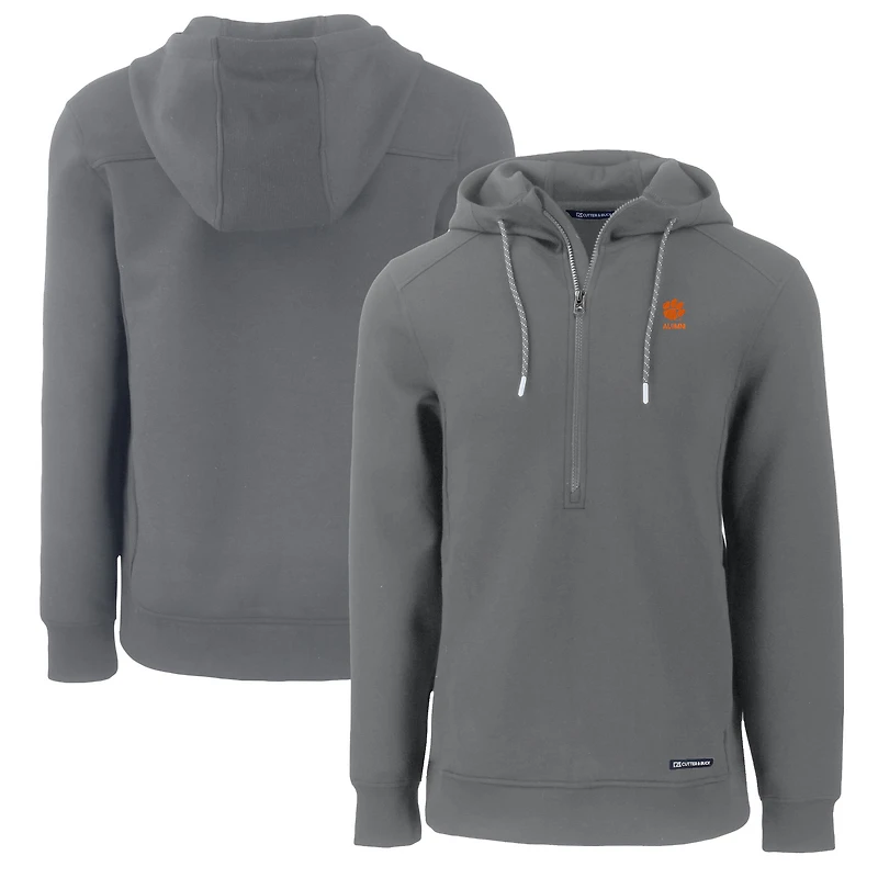 Sweat à capuche demi-zippé recyclé pour homme, gris, avec logo Roam des anciens Clemson Tigers, Cutter & Buck