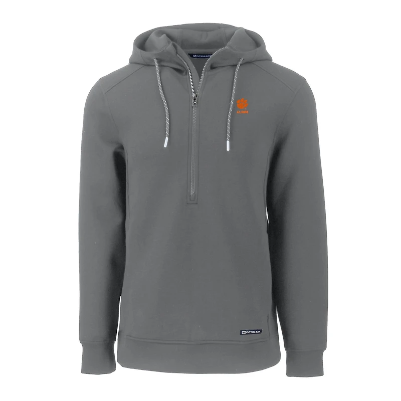 Sweat à capuche demi-zippé recyclé pour homme, gris, avec logo Roam des anciens Clemson Tigers, Cutter & Buck