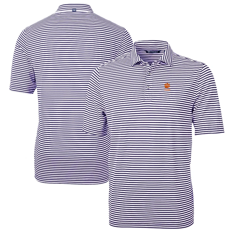 Polo recyclé à rayures écologiques et piqué pour homme, violet, Cutter & Buck, avec logo des anciens Clemson Tigers