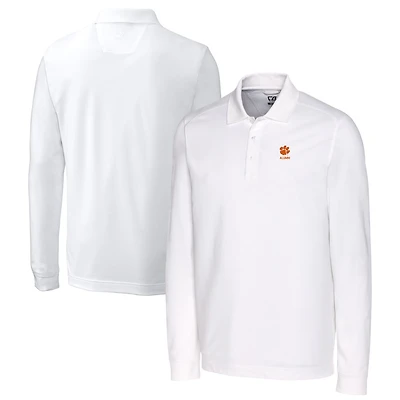 Men's Cutter & Buck White Clemson Tigers Alumni Logo Advantage Tri-Blend Pique Long Sleeve DryTec Polo