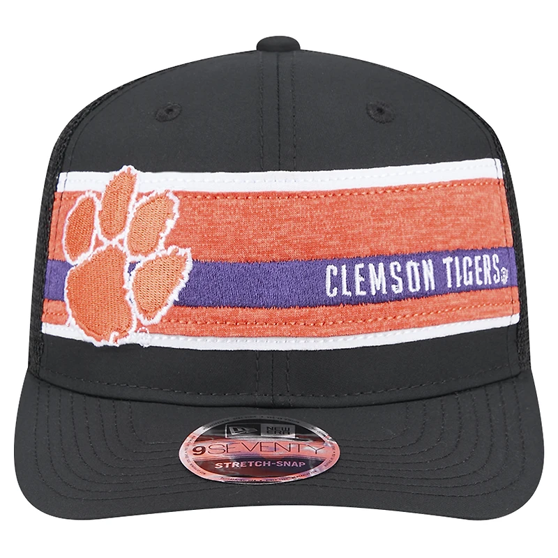 Casquette ajustable extensible à boutons-pression New Era noire/orange Clemson Tigers 9SEVENTY Trucker à rayures pour homme