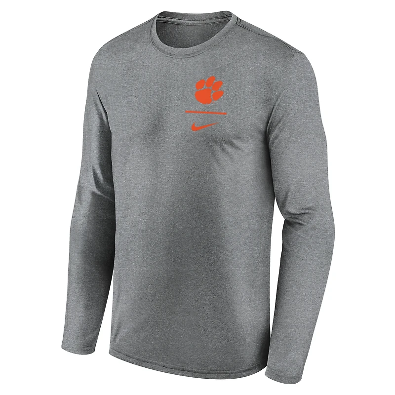 T-shirt Nike à manches longues pour homme, gris chiné, Clemson Tigers, Primary Stack Legend Performance