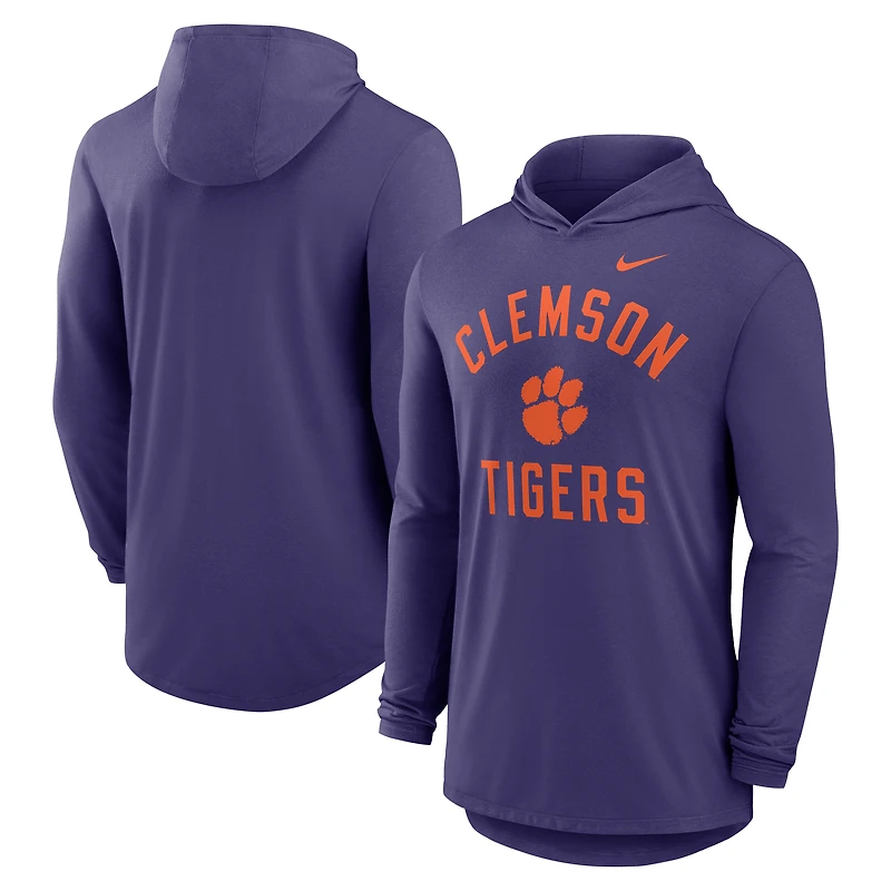 T-shirt à capuche et manches longues Nike Classic Arch Tri-Blend Performance violet pour homme des Clemson Tigers
