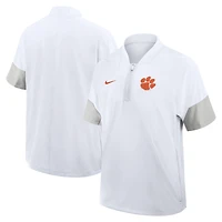 Veste d'entraîneur Nike blanche Clemson Tigers 2025 Sideline à manches courtes et fermeture éclair quart de tour Dri-FIT pour homme