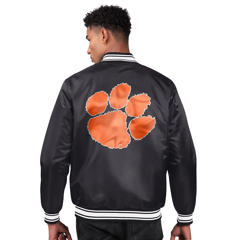 Men's Starter Black Clemson Tigers Two-Hit Satin Varsity Full-Snap Jacket
