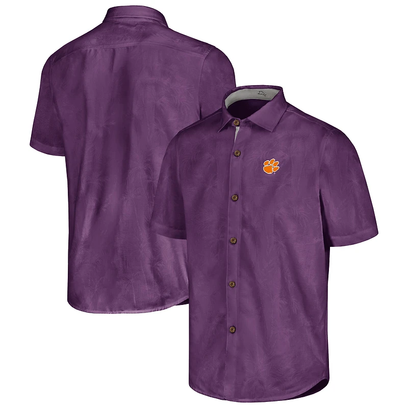 Chemise boutonnée Tommy Bahama violette pour homme, motif Clemson Tigers, Coconut Point, Palm Vista, IslandZone