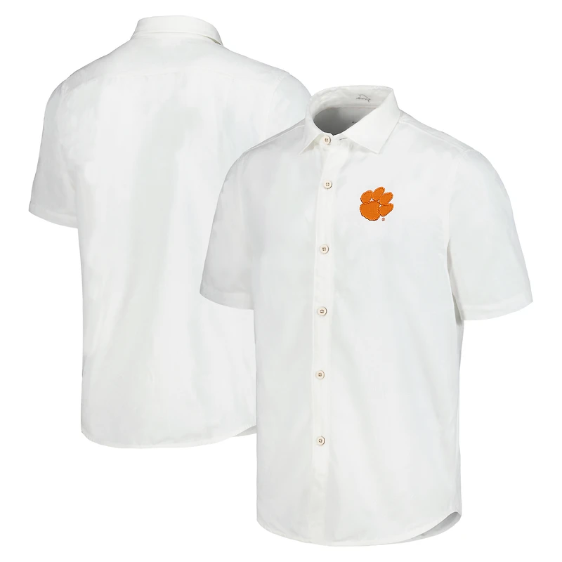 Chemise boutonnée Tommy Bahama White Clemson Tigers Coconut Point Palm Vista IslandZone Camp pour hommes