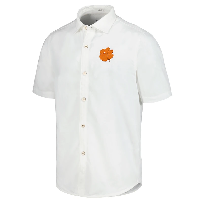 Chemise boutonnée Tommy Bahama White Clemson Tigers Coconut Point Palm Vista IslandZone Camp pour hommes