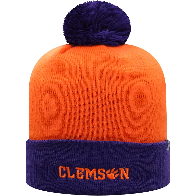 Bonnet pour hommes Top of the World orange/violet Clemson Tigers Core 2 tons à revers en tricot avec pompon