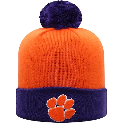Bonnet pour hommes Top of the World orange/violet Clemson Tigers Core 2 tons à revers en tricot avec pompon