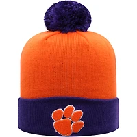Bonnet pour hommes Top of the World orange/violet Clemson Tigers Core 2 tons à revers en tricot avec pompon