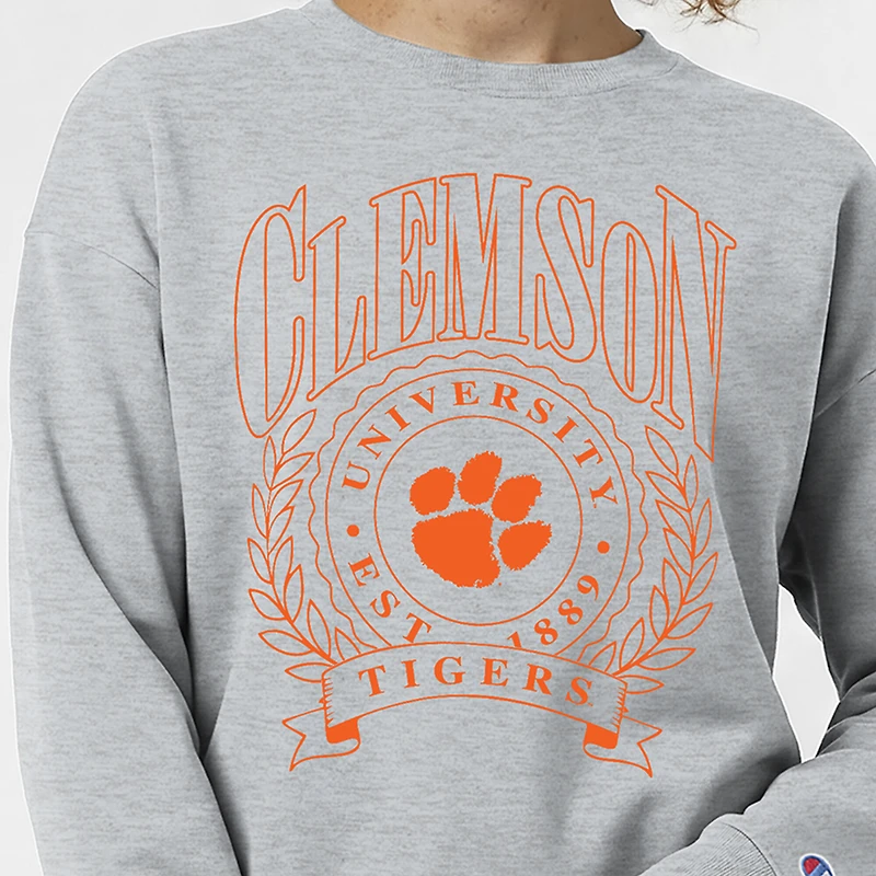 Women's Champion  Heather Gray Clemson Tigers Academic Crest Powerblend Crewneck Sweatshirt