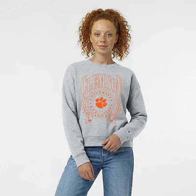 Women's Champion Heather Gray Clemson Tigers Academic Crest Powerblend Crewneck Sweatshirt