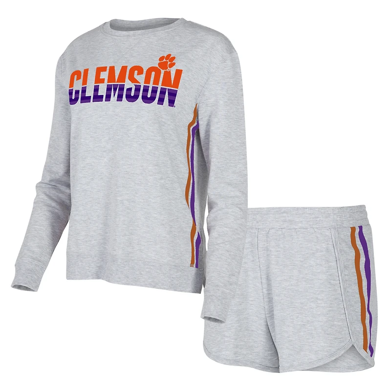 Ensemble de nuit pour femme Concepts Sport Gray Clemson Tigers Cedar Tri-Blend avec haut à manches longues et short