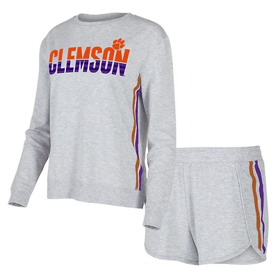 Ensemble de nuit pour femme Concepts Sport Gray Clemson Tigers Cedar Tri-Blend avec haut à manches longues et short