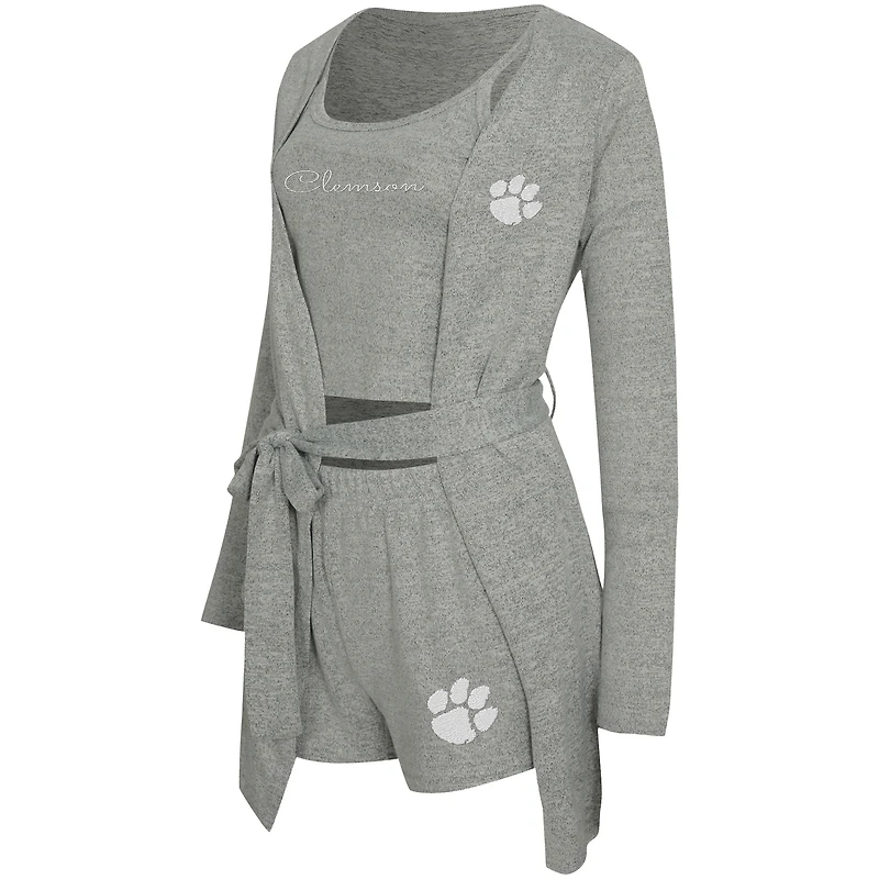 Women's Concepts Sport Gray Clemson Tigers Rigor Three-Piece Tank, Short & Robe Set