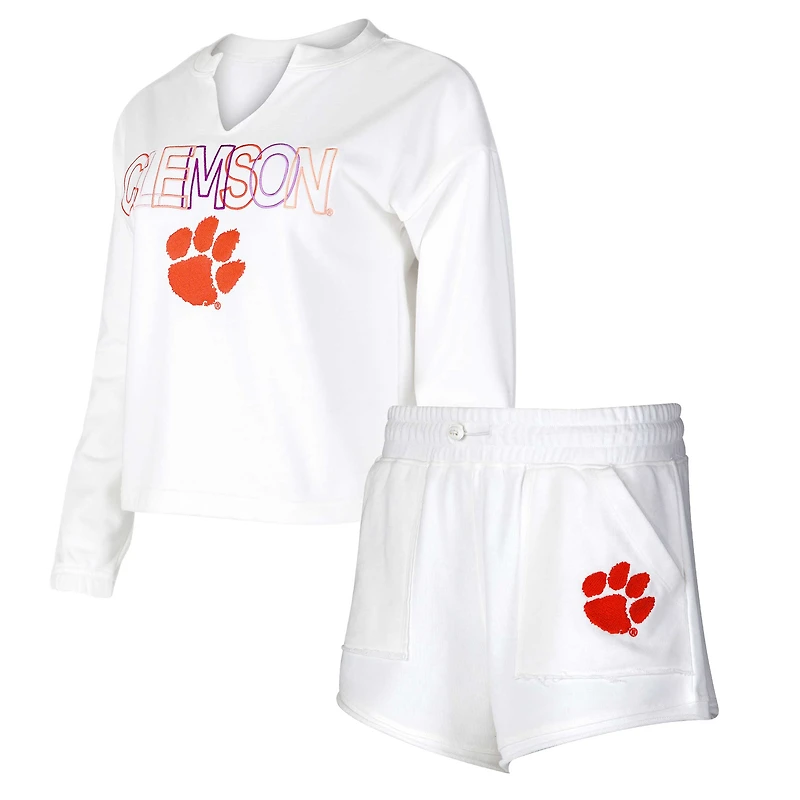 Ensemble haut à manches longues et short Concepts Sport blanc Clemson Tigers Sunray col cranté pour femme