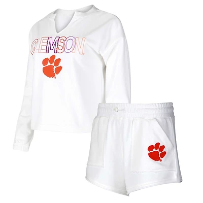 Ensemble haut à manches longues et short Concepts Sport blanc Clemson Tigers Sunray col cranté pour femme