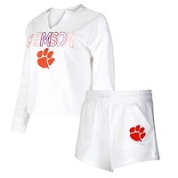 Ensemble haut à manches longues et short Concepts Sport blanc Clemson Tigers Sunray col cranté pour femme