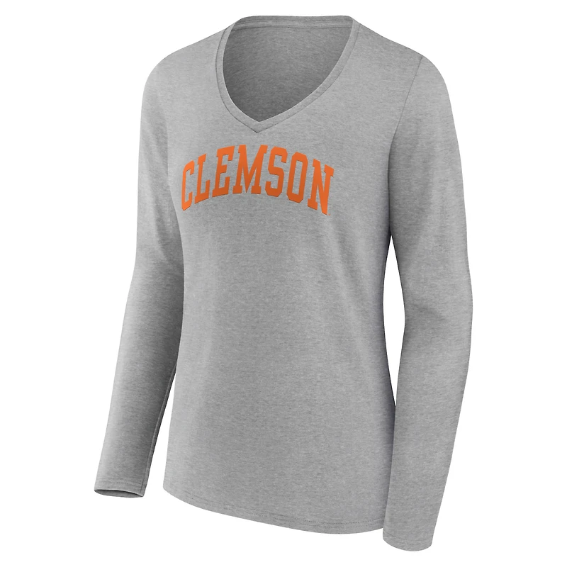 Women's Fanatics Heather Gray Clemson Tigers Basic Arch Long Sleeve V-Neck T-Shirt