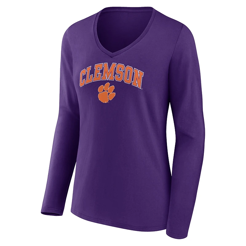 Women's Fanatics Purple Clemson Tigers Campus Long Sleeve V-Neck T-Shirt