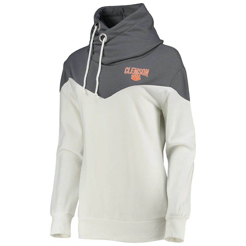 Women's Gameday Couture White/Gray Clemson Tigers Old School Arrow Blocked Cowl Neck Tri-Blend Pullover Hoodie