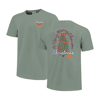 Women's  Light Green Clemson Tigers Christmas Tree Comfort Colors T-Shirt