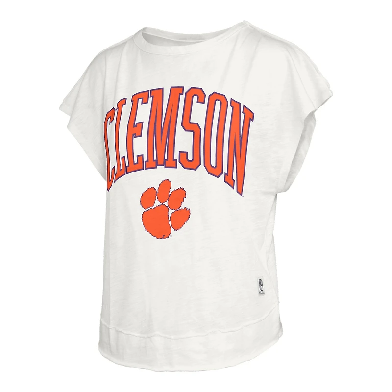 T-shirt Pressbox Cream pour femmes, modèle Clemson Tigers Nelson Movement, dos ouvert, en jersey flammé.