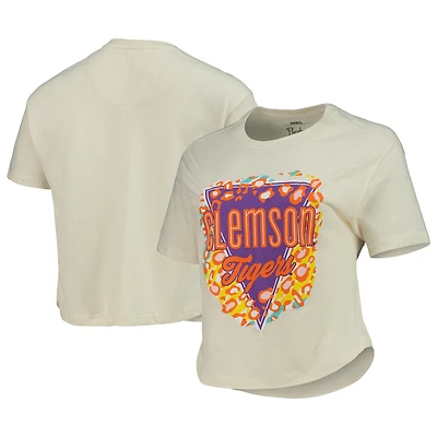 Women's Pressbox Cream Clemson Tigers Taylor Animal Print Cropped T-Shirt